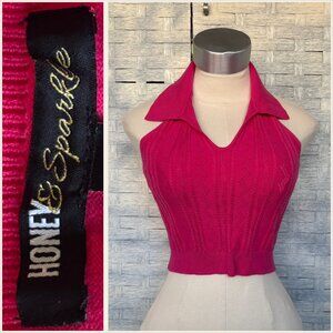 HONEY & SPARKLE Cable Knit Cropped Top Collared Backless Raspberry Medium